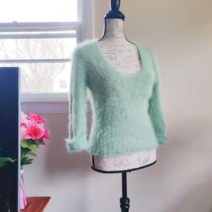 Vintage 90s Mint Sage Green Angora Rabbit Hair Fuzzy Low Cut Knit Sweater M
